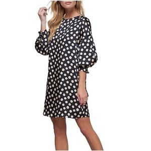 ABS Dotted Dress, Boatneck, Mini, Navy/Tan, Elastic Cuffs, Women's (US S)